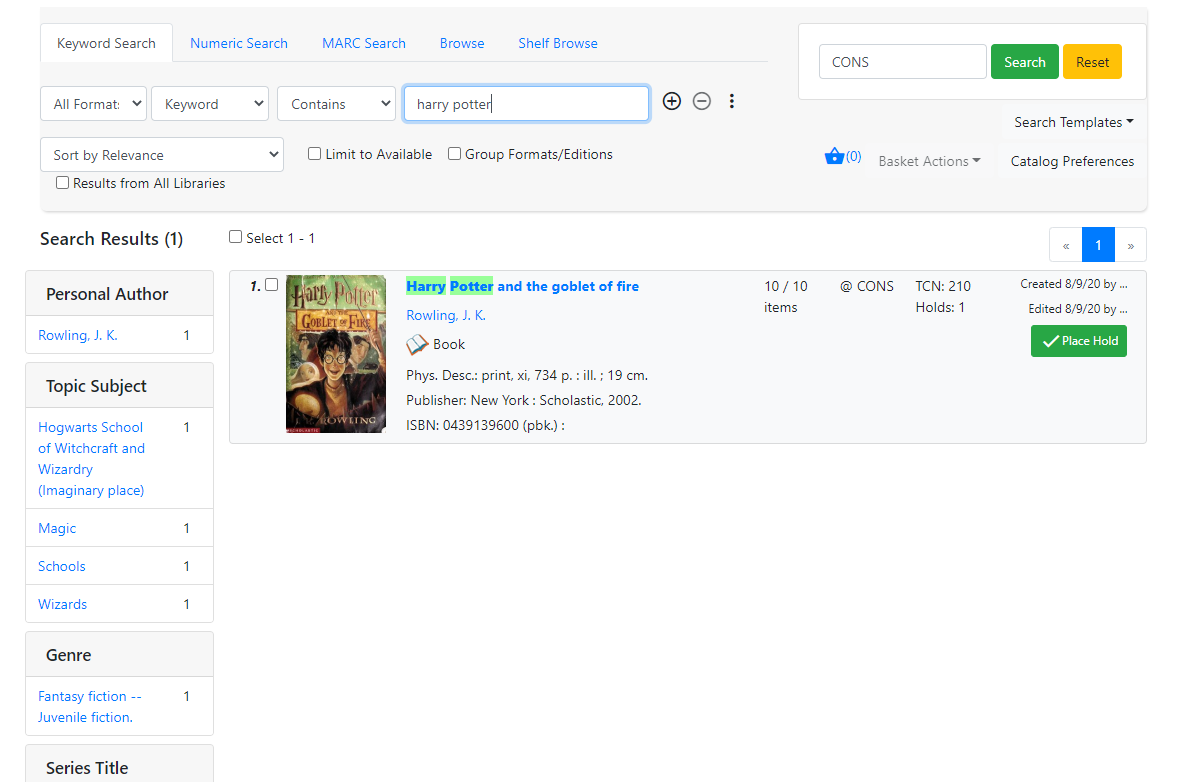 screenshot of Evergreen ILS